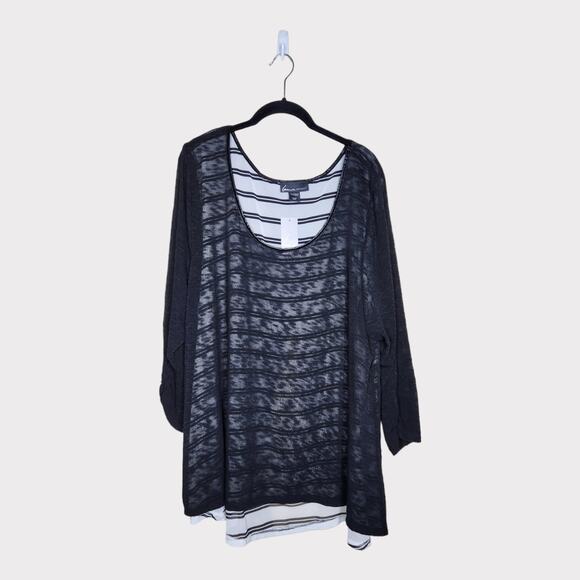 NEW Lane Bryant Plus 26/28 Black Sheer Overlay Tunic Blouse White Stripe Base - Picture 1 of 8
